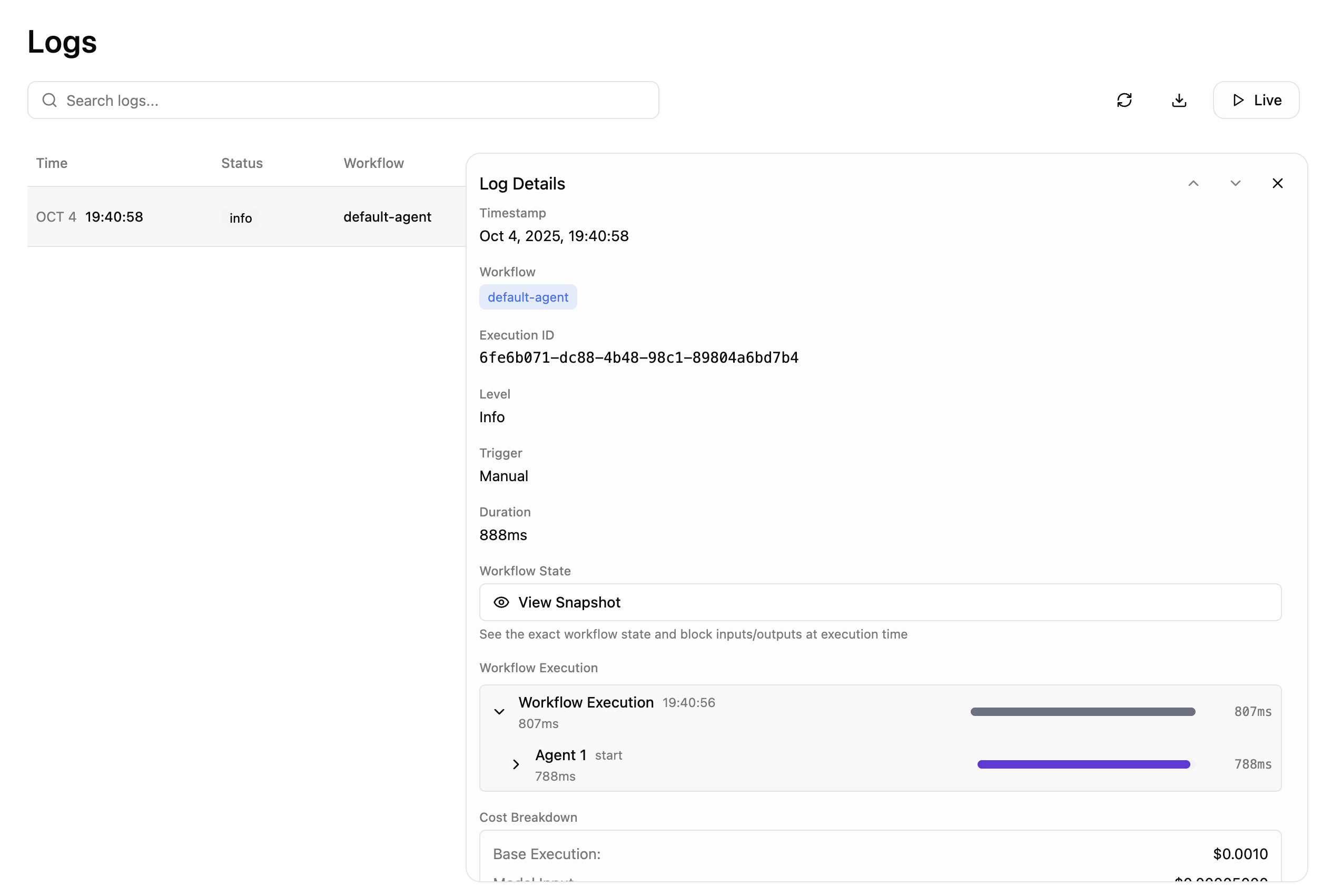 Sim execution logs and monitoring dashboard